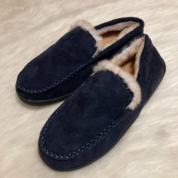 Honalika men’s 11 fuzzy moccasin‎ slippers Navy suede faux fur lined house shoes - Picture 1 of 8